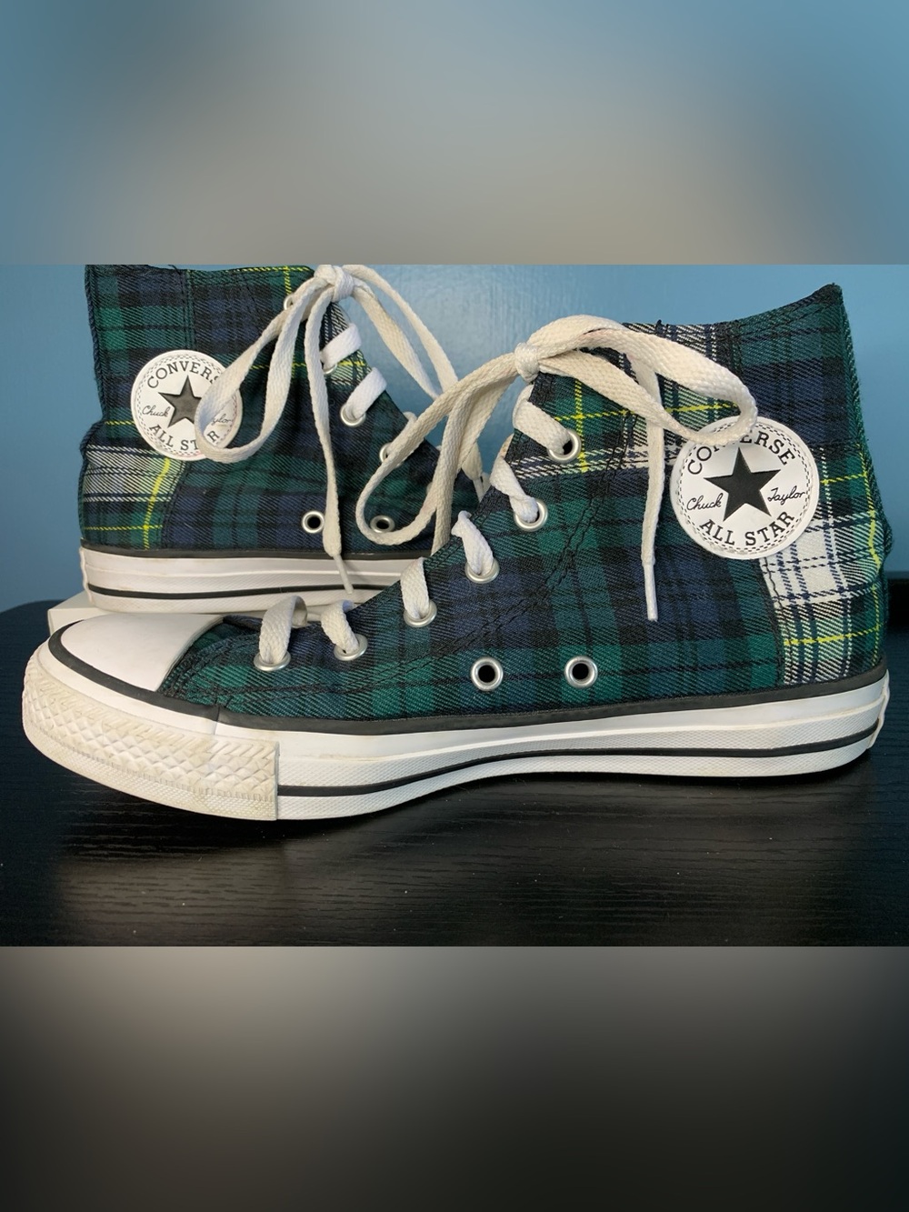Converse High Top Plaid Sneakers in Green and Black